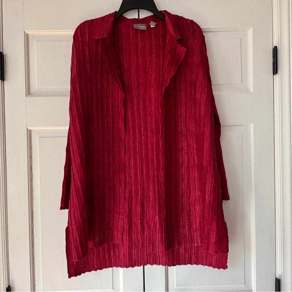 Chico's‎ Travelers Size 1 Crinkle Collared Open Front Crimson Cardigan Size Med